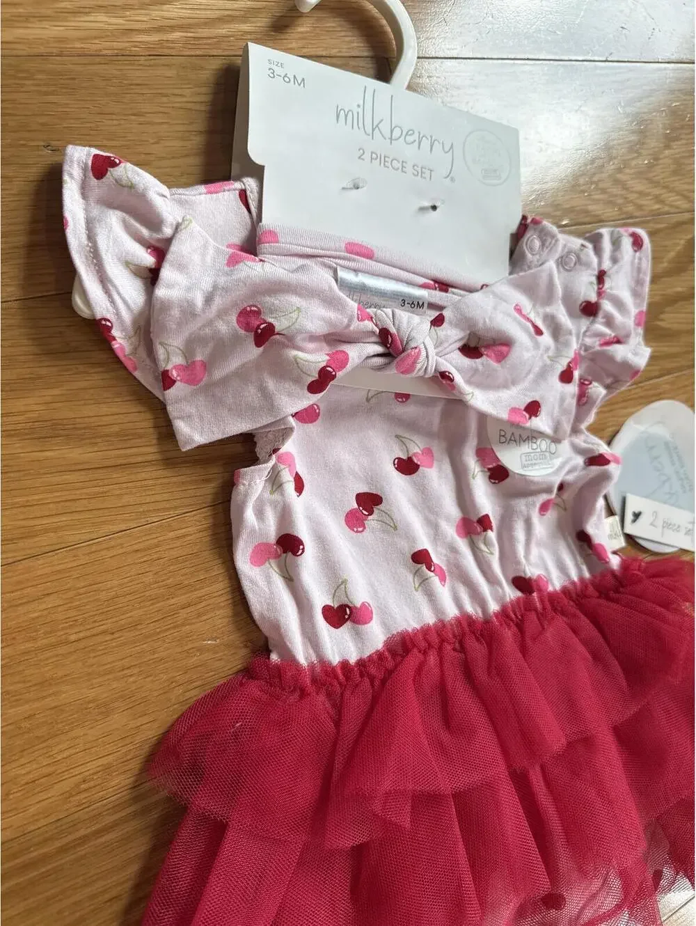 milkberry Baby Girl 2-Piece Cherry Print Dress with Red Tulle Skirt and Headband